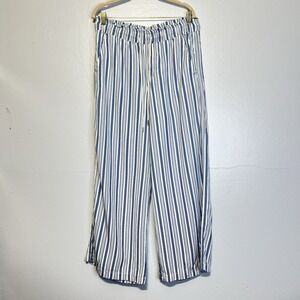 Loft Women's Pants Blue/white Stripe Wide Leg Elastic Waist‎ Size M Tall Pull On